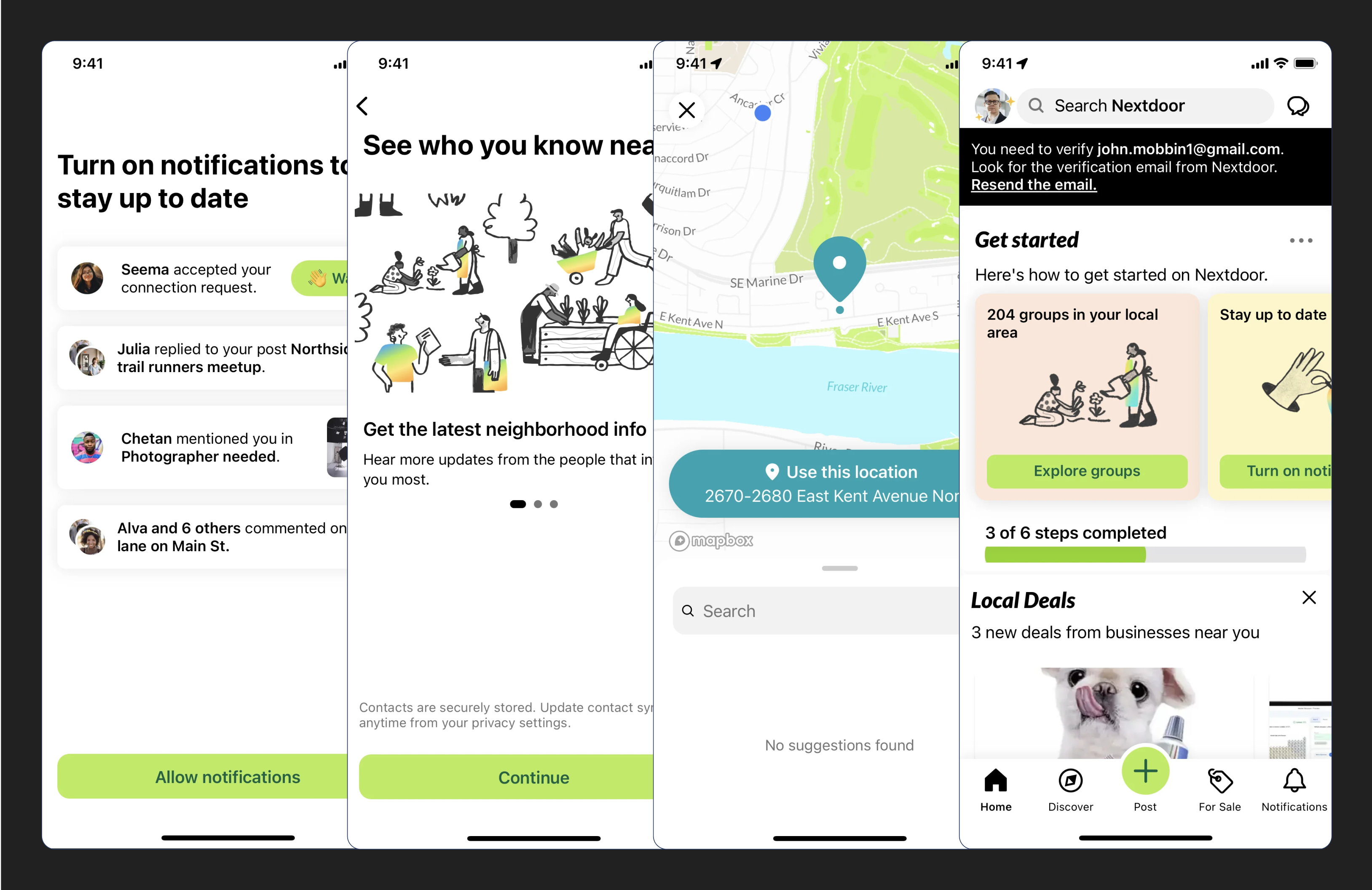 Nextdoor main onboarding screens on iOS