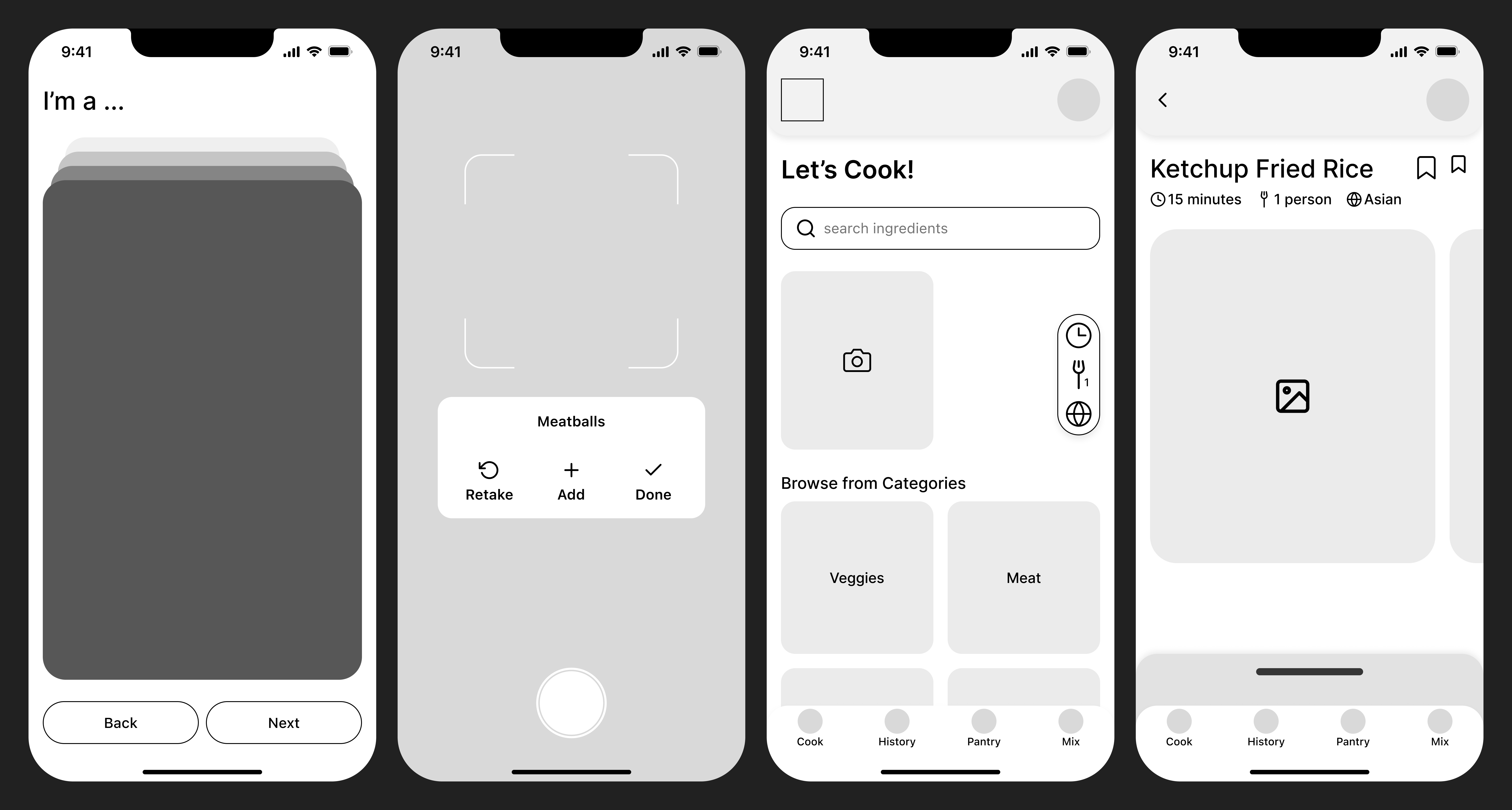 Selected midfi wireframes of key screens